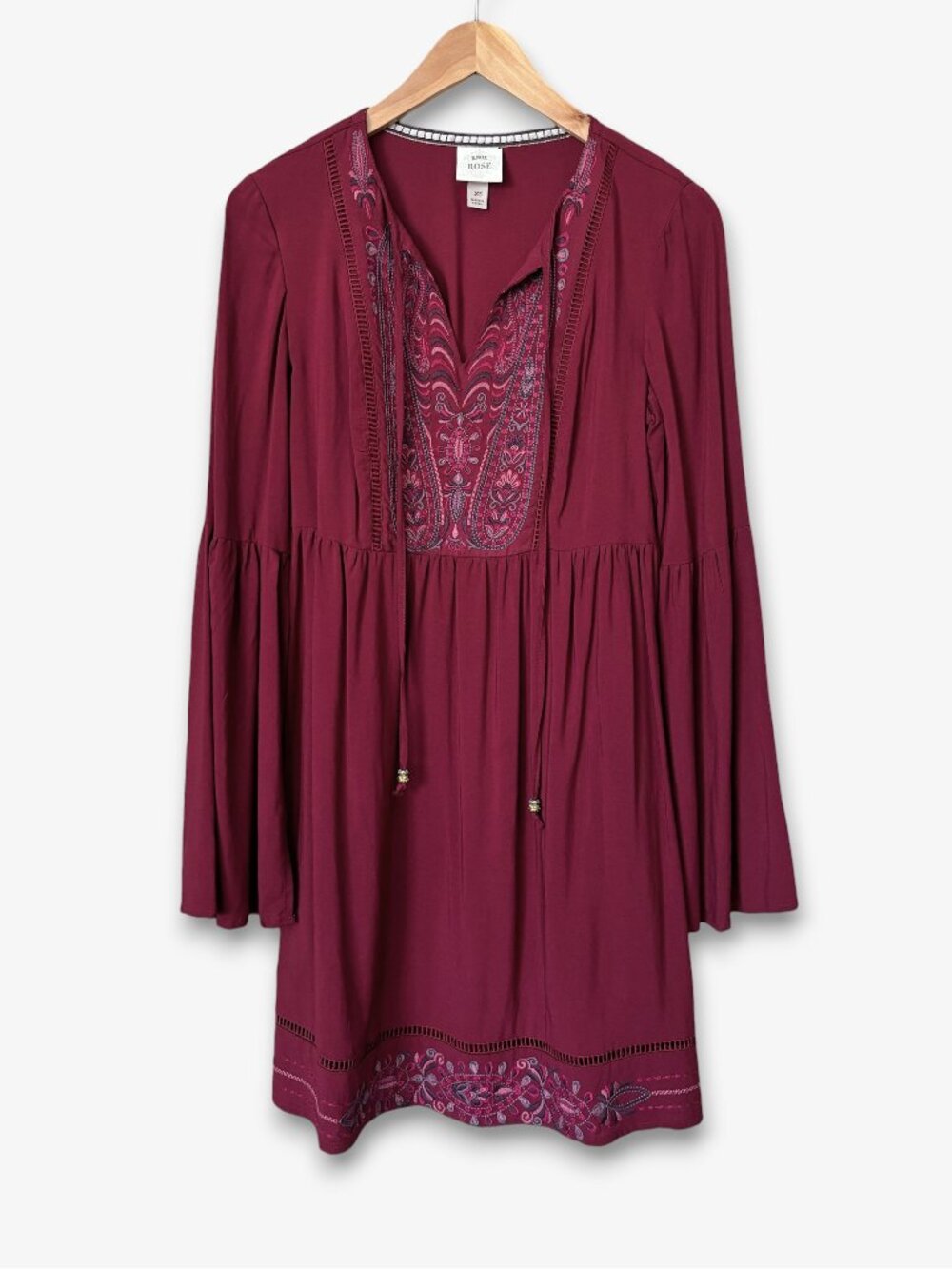 Knox Rose Burgundy Embroidered Boho Bell Sleeve Peasant Tunic Dress 70s Size XS
